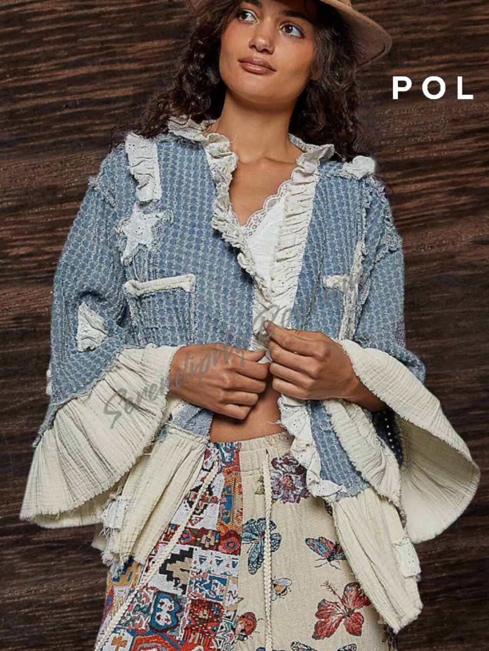 POL Hippie Bohemian Ruffles Denim Stars and Moons Patches Denim Jacket NWT